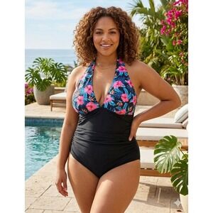 YOU DI AN Plus Size One Piece Swimsuit Floral Tummy Control Black Pink Size 4XL‎